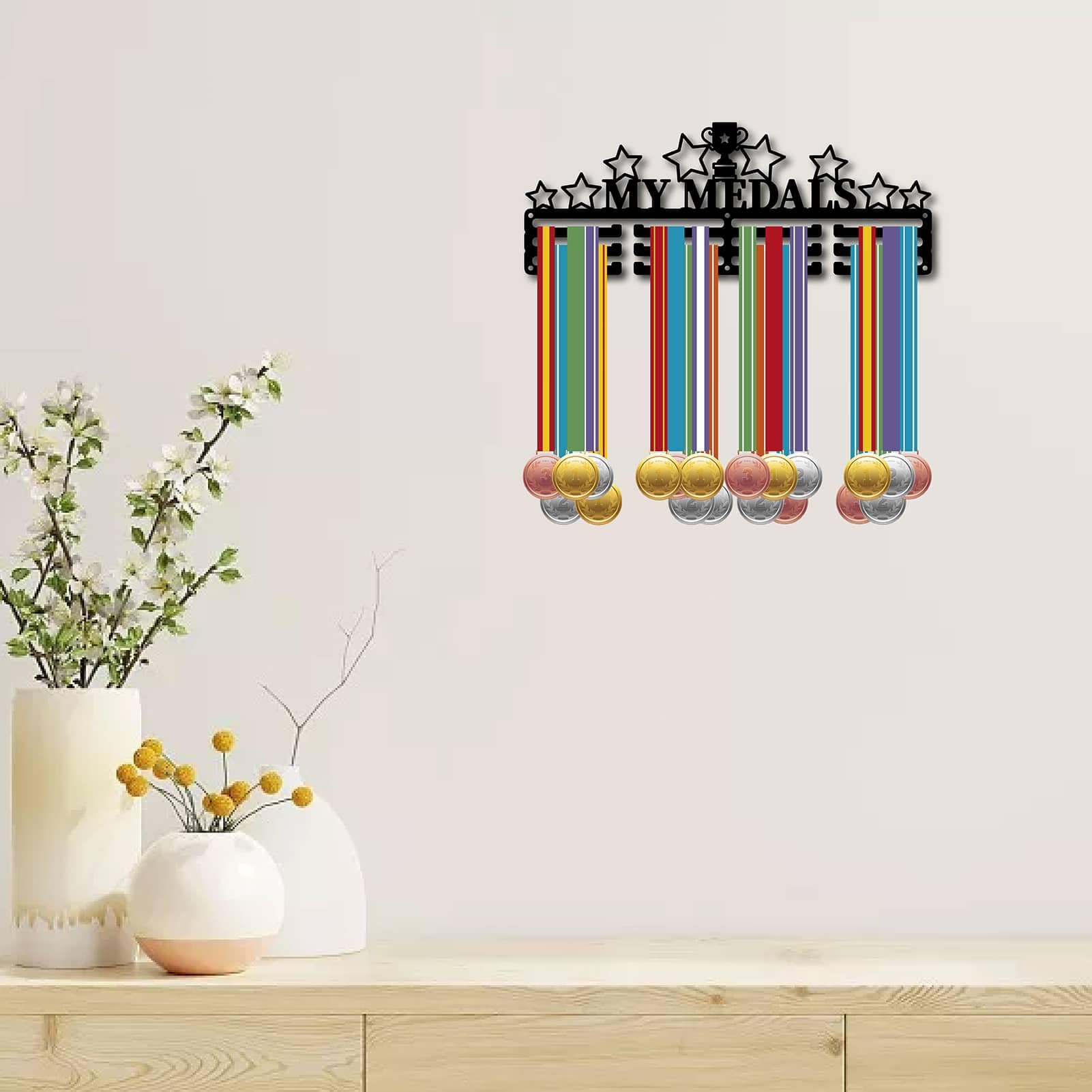CREATCABIN Le Mie Medaglie Appendiabiti per Medaglie Display Porta Medaglie Stella Porta Trofei Telaio Sport Appeso in Metallo Premi per Atleti Supporto A Parete in Ferro Decorazione Oltre 40x15cm