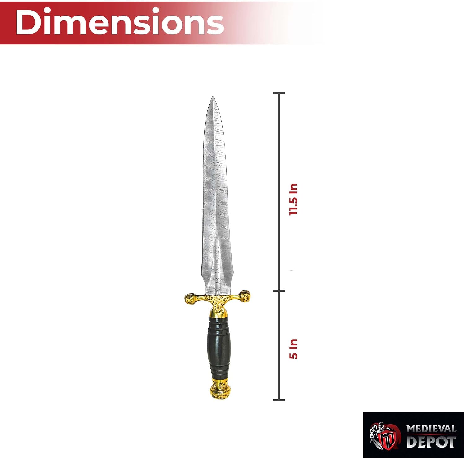 MedievalDepot Noble Strategist Hand Forged Damascus Steel Viking Dagger – Overall 19” Fixed Blade with Rose Wood Handle, Brass Guard, and Leather Sheath