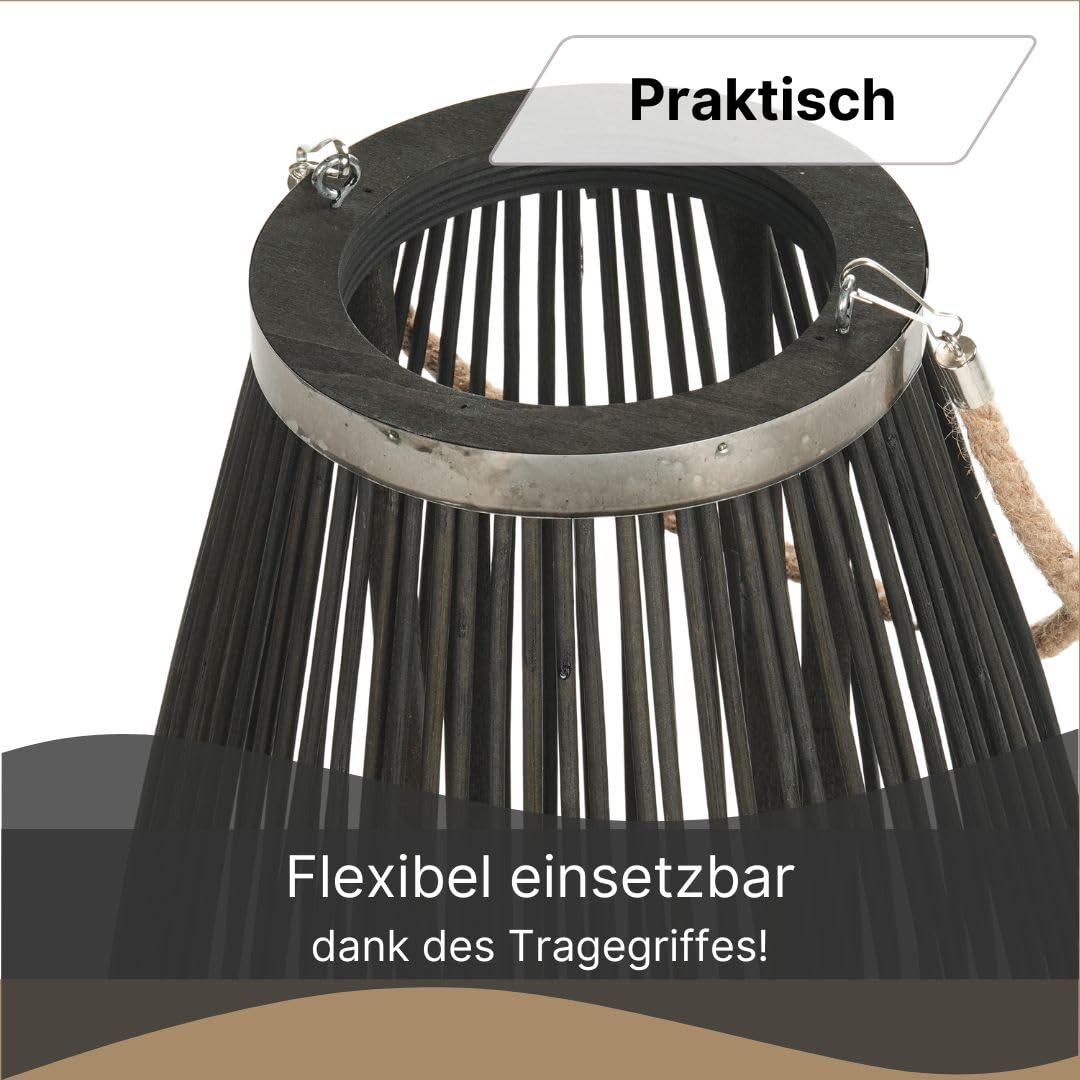 Bambus Laterne Zya | mit Henkel und Glaseinsatz, 80 cm, schwarz | Holz Kerzenhalter, Windlicht, Deko Laterne für Balkon Garten Terrasse Wohnung