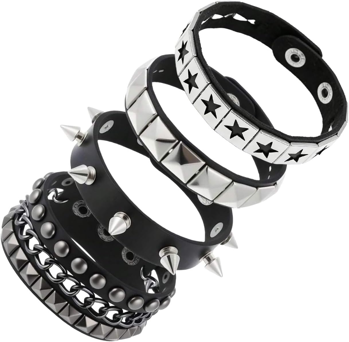 4pcs Studded Spiked Bracelets for Women and Men,Goth Alt Scene Accessories,Emo Bracelets,80s Retro Leather Wristband Set,Grunge Rockstar Outfits 90s Jewelry