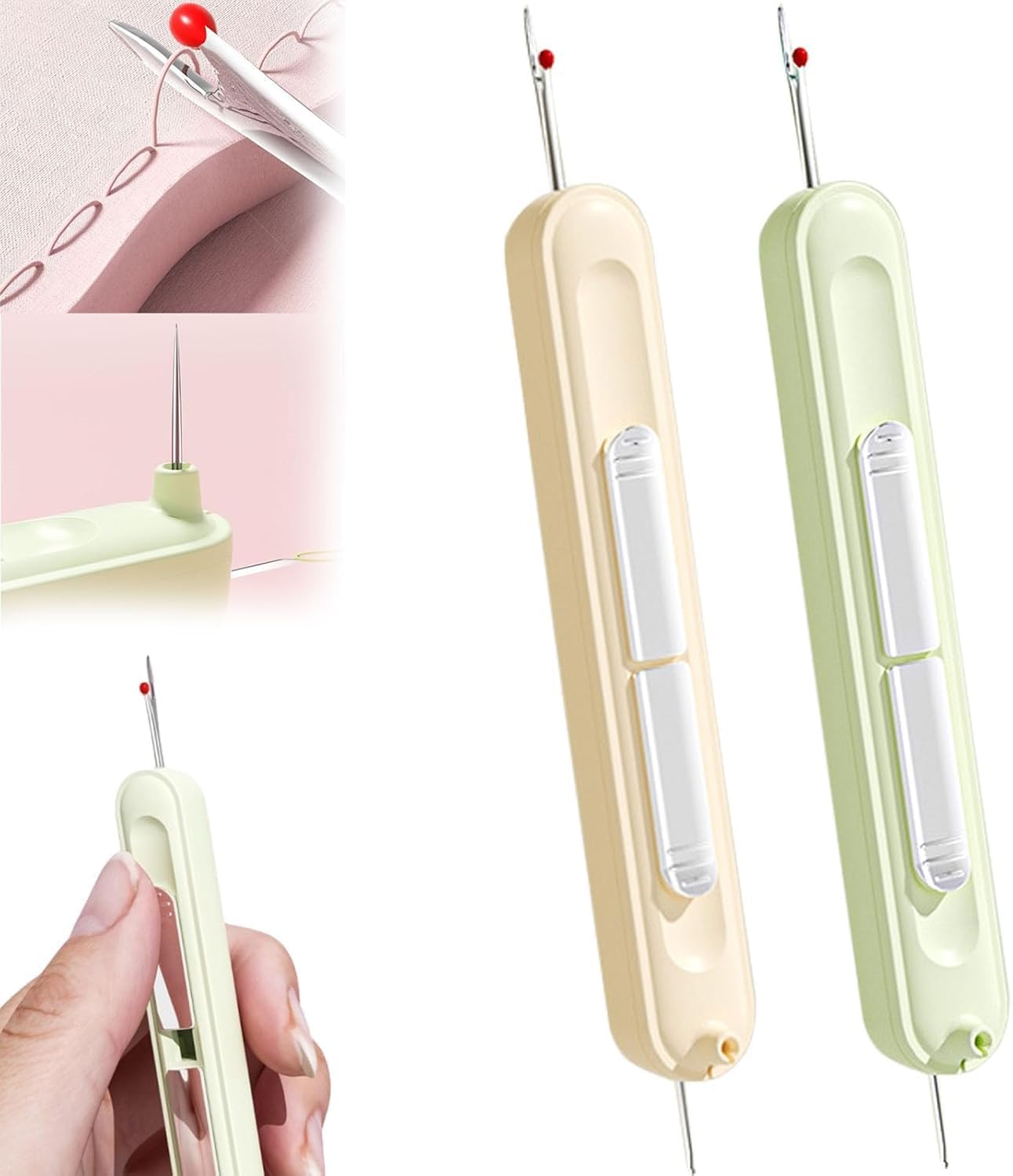 2 in 1 Needle Threader Seam Ripper, Stretchable Seam Rippers for Sewing, Thread Remover Tool for Hand Sewing, Knitting, Cross Stitch, Embroidery and Thread Removal，Yellow+Green