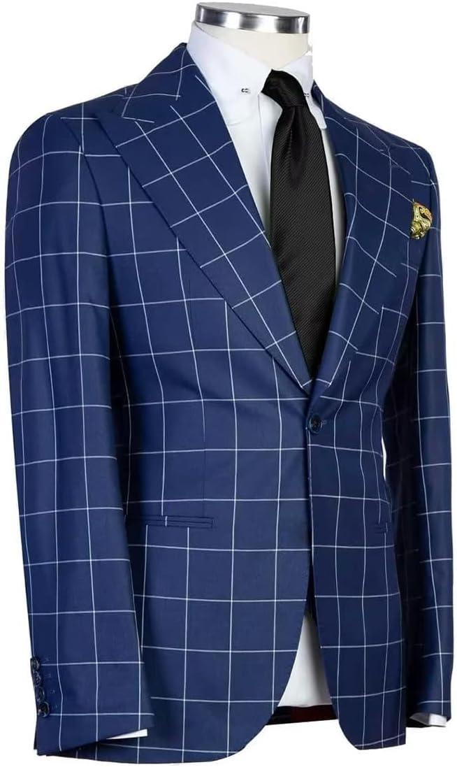 Men's Checked One Button Suit Peak Lapel Wedding Formal Party Tuxedos Set