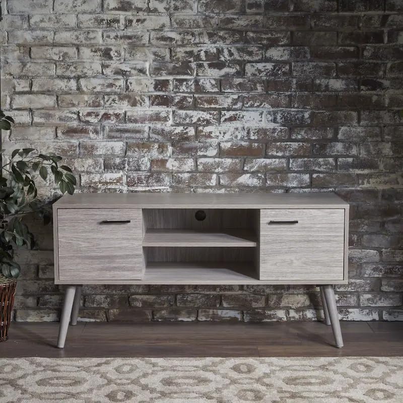 Image of Riva Engineered Wood TV Cabinet & Entertainment Unit | Modern TV Stand with 2 Storage Cabinets & Open Shelves | Solidwood Legs | Mid-Century Design | Ash Grey Finish