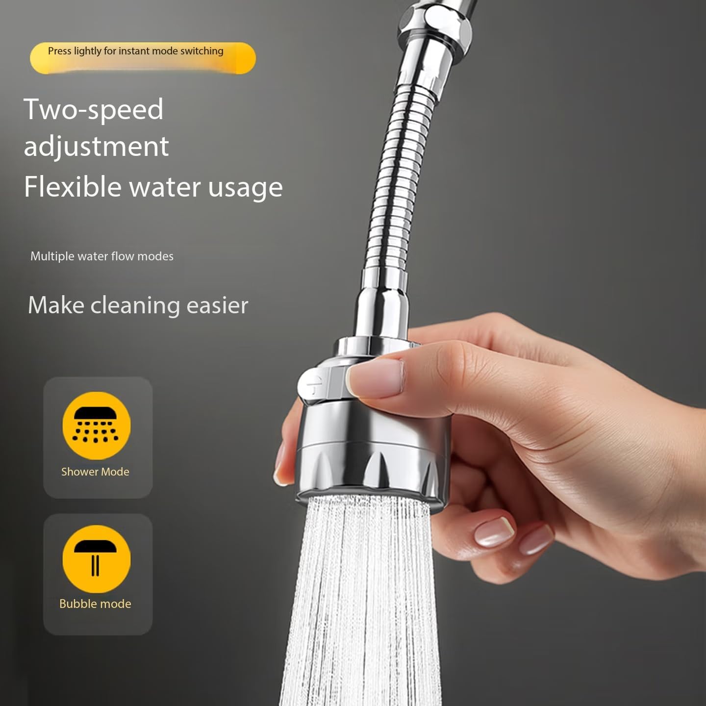 360° Rotating Kitchen Faucet Extender with Flexible Hose, Stainless Steel Splash Guard Adapter, Two-Speed Shower and Bubble Mode, Universal Sink Sprayer Attachment, 6.7 inches