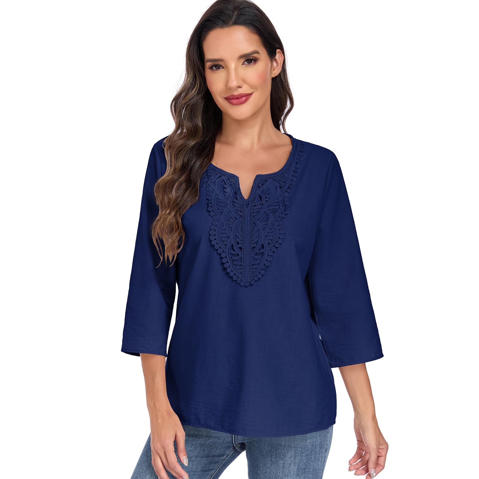 HOTIAN Blusa de manga larga para mujer, estilo bohemio, manga 3/4, elegante, cuello de pico, blusas de lino, para primavera, otoño, encaje, holgada, ropa informal