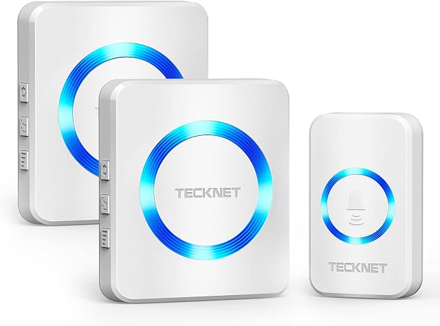TECKNET Timbre Inalámbrico 2 Receptor IP65 Impermeable 400m Timbre Inalámbrico Exterior, 5 Niveles de Volumen (0-110dB) y 60 Melodías para Hogar, Hotel, Emergencia, etc