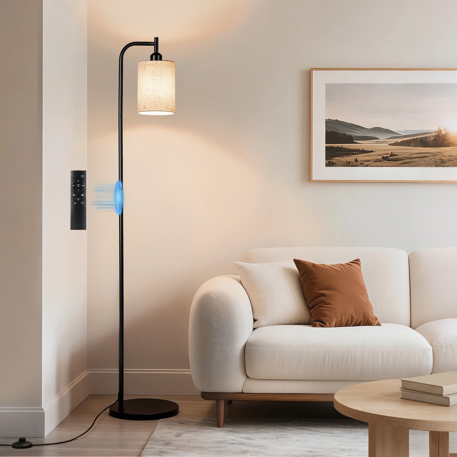 Tuocal Floor Lamp with Linen Shade, 63" Modern Standing Lamps with Remote Control and Stepless Dimmable& 3 Color Temperatures, Floor Lamps for Living Room Bedroom Office Corner (9W Bulb Included)