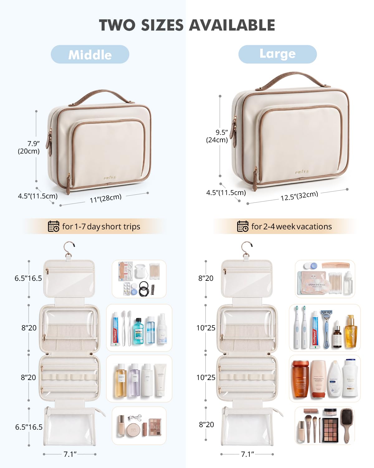 Prite Reise Kulturtasche Damen zum Aufhängen mit Schmuckfach, Beige, L | Kosmetiktasche,Kulturbeutel,Abnehmbare TSA-konforme Tasche,Zwei Größen,Faltbare,Veganes Leder,Wasserfeste TPU-Innenfutter