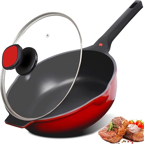 Sartén antiadherente profunda con tapa, 11 pulgadas, 100% libre de PFOA para cocinar, sartén de aluminio de grado alimenticio de 5 cuartos de galón