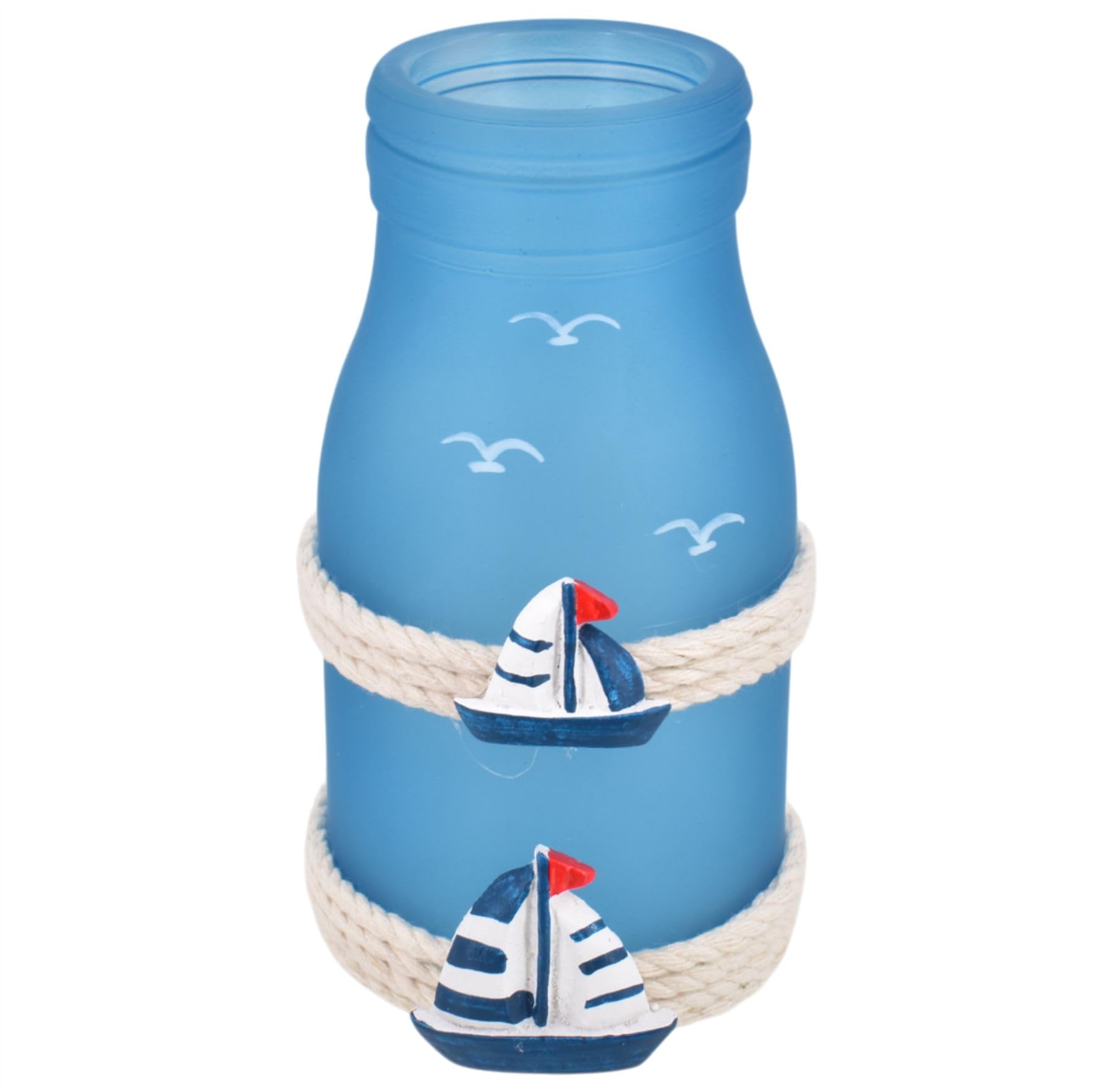 Carousel Home Blue Nautical Bottle Ornament | 12Cm Opaque Glass Coastal Jar Decoration With Sailboat & Seagull Detail