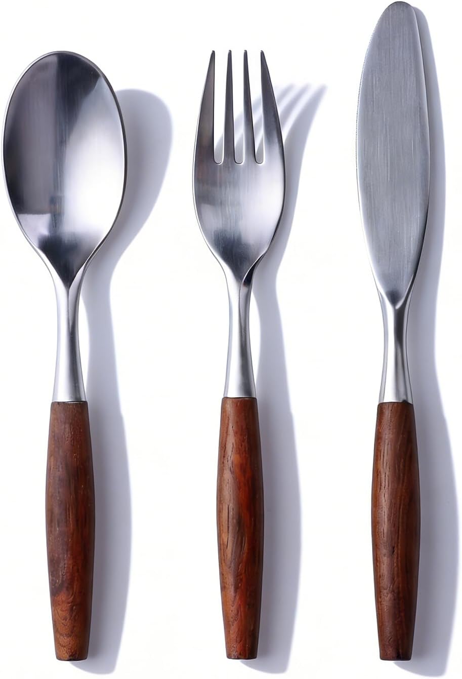 3-Piece Teak Wood Handle Flatware Set, 304 Stainless Steel, Knife Fork Spoon, Rustic Silverware Cutlery for Indoor Outdoor Home Camping Party (1 Set)