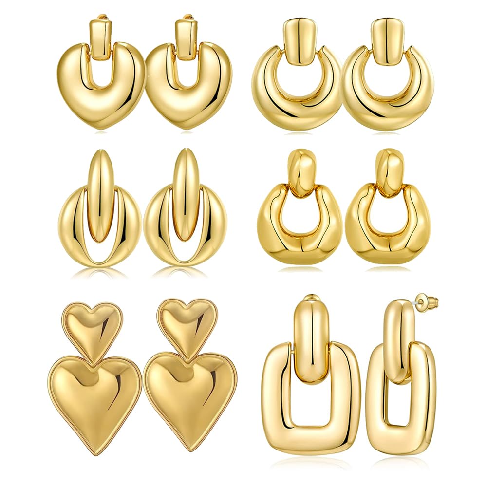 Chunky Gold Silver Hoop Earrings for Women Statement Retro Dangle Earrings Set Geometric Rectangle Teardrop Earrings