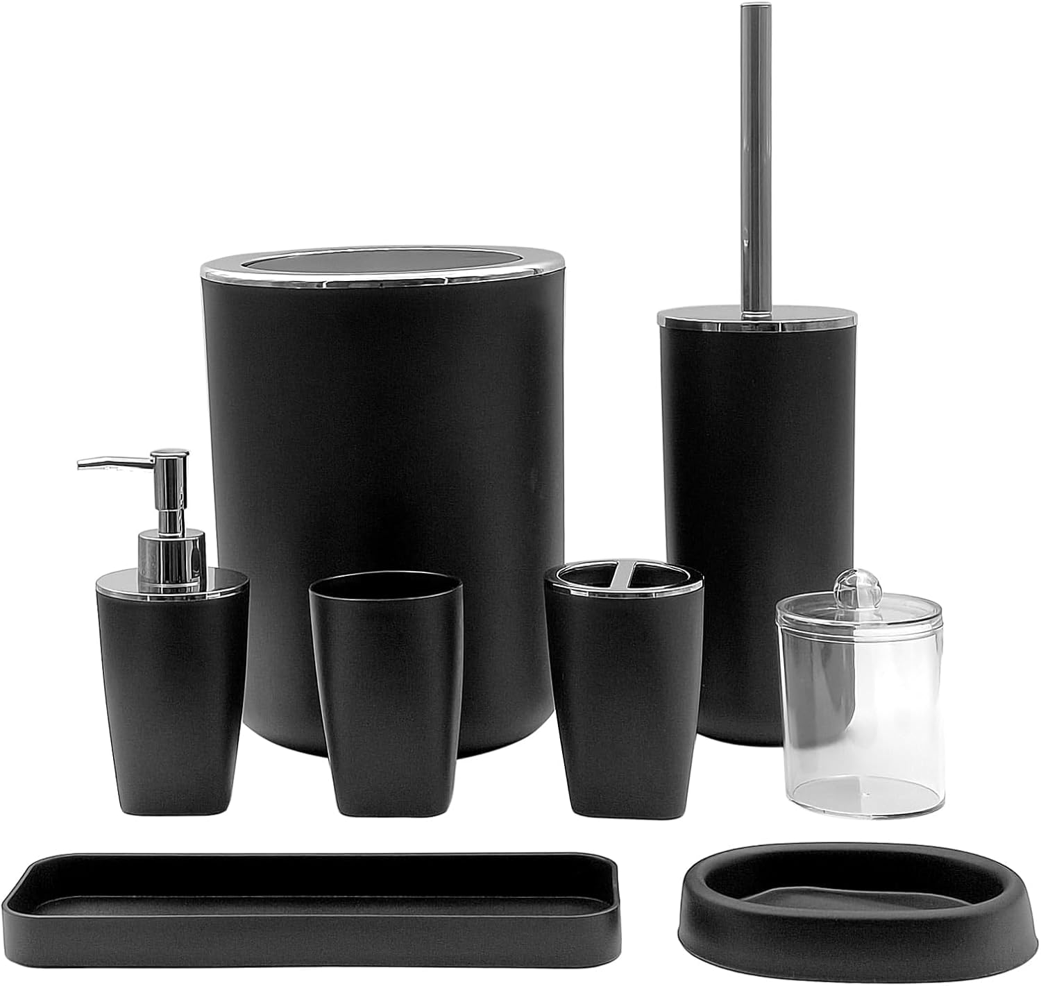 Black Bathroom Accessories Set,8-Piece with Trash Can,Soap Dispenser,Toothbrush Holder,Toothbrush Cup,Vanity Tray,Soap Dish,Toilet Brush and Clear Plastic Qtip Holder