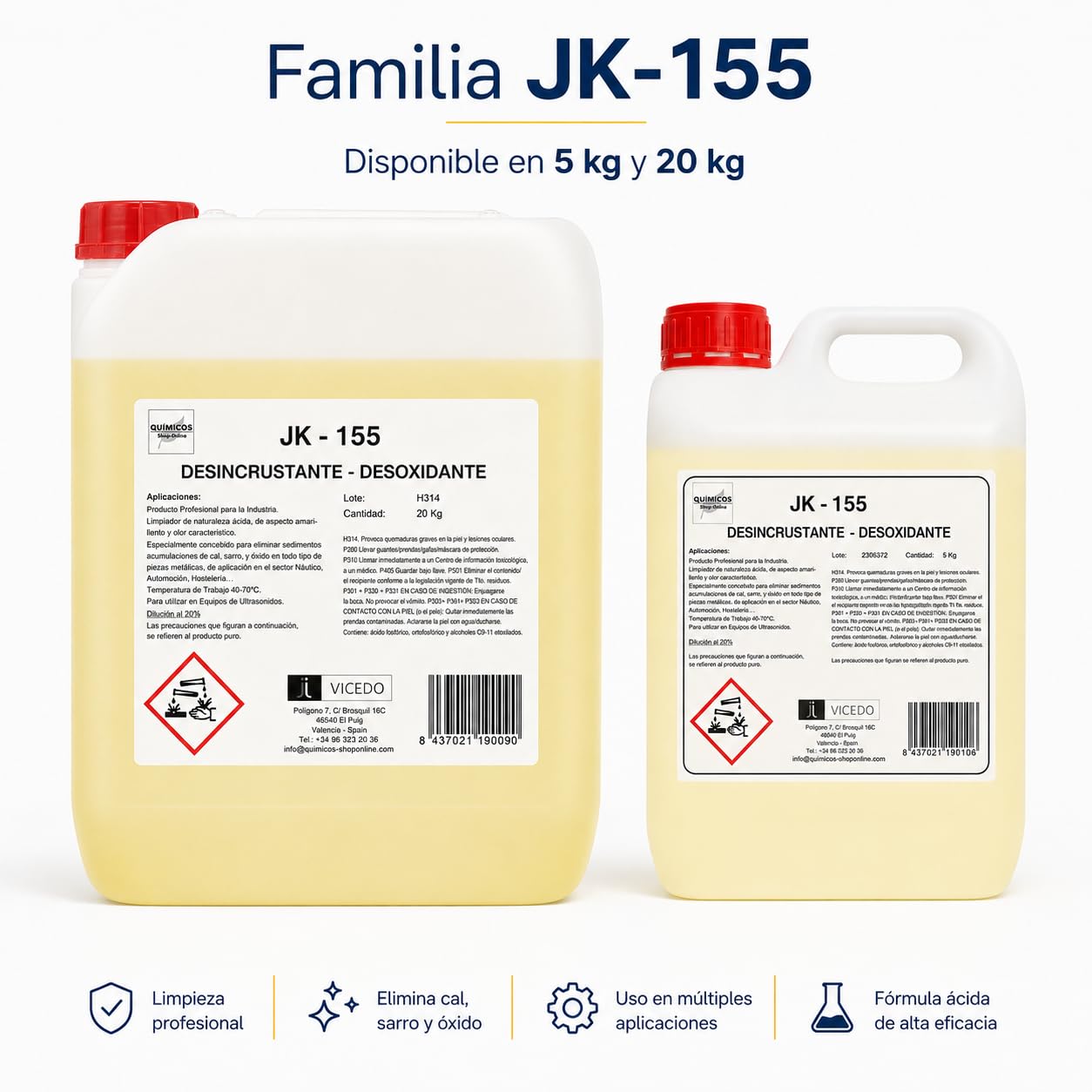 JK-155 Desoxidante y Desincrustante de Cal Concentrado 20 kg para Ultrasonidos e Inmersión, Elimina Óxido y Depósitos Calcáreos en Superficies Metálicas.