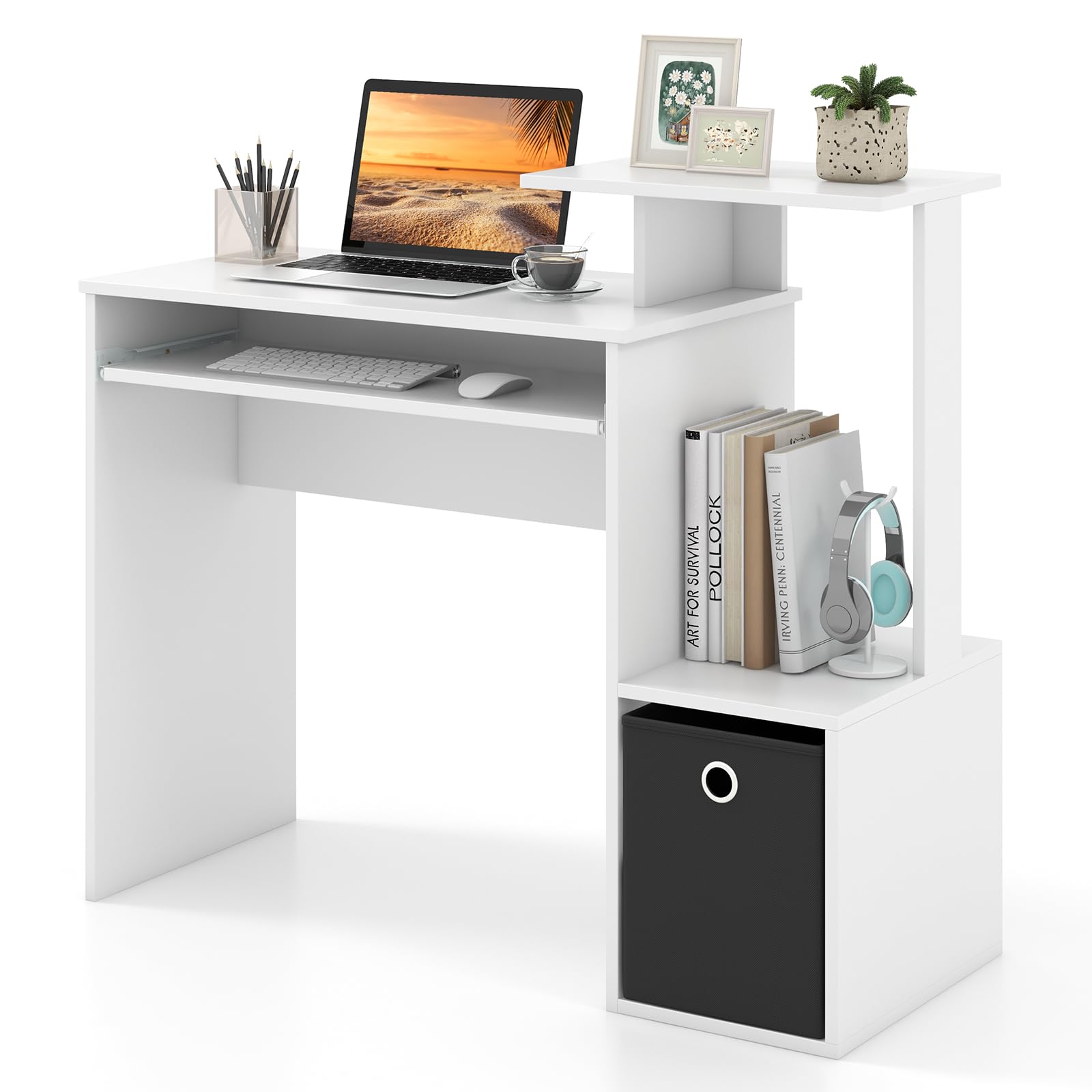 GIANTEX Escritorio de Ordenador con Bandeja de Teclado, con Soporte de Impresora, Estante Abierto y Cajón de Tela, 100 x 40 x 87 cm, Mesa Compacta para Oficina, Dormitorio, Blanco