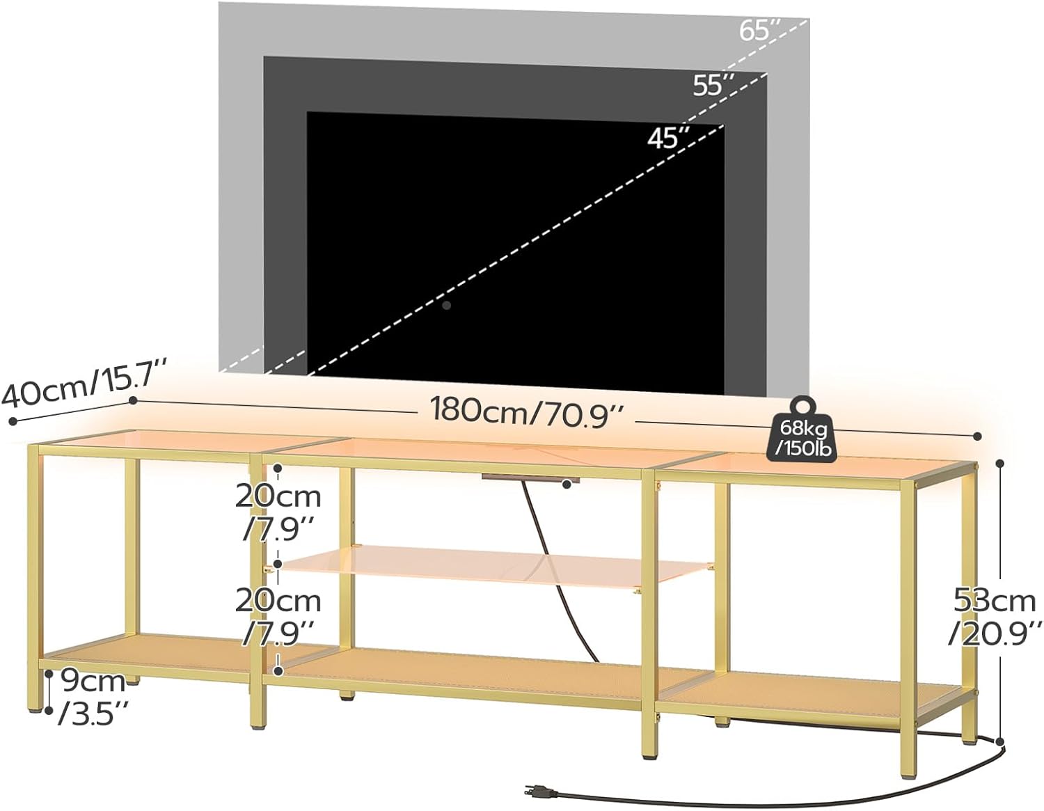 HOOBRO TV Stand with LED Lights and Power Outlets for TVs up to 75", Modern 70.9 Inch Tempered Glass TV Console Table with Open Shelves, Media Entertainment Center for Living Room, Gold GD185UDS01 4 61P22F5Q8IL. AC SL1500
