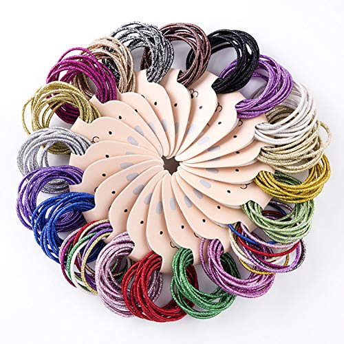 LOVEF 200pcs Glitter Multi-Color Hair Elastics Hair Ties No Crease Ponytail Holders No Metal 5mm Hair Band Ties for Girls Ladies Hair Ring Hair Band