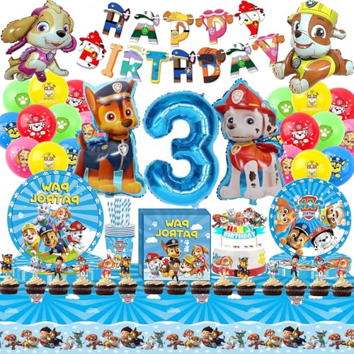 112 Pcs Pat' Dog Patrouille 3 an Anniversaire Vaisselle Kit,Patte Patrouille Enfants Décoration Danniversaire Ballon Vaisselle,Décorations de Table...