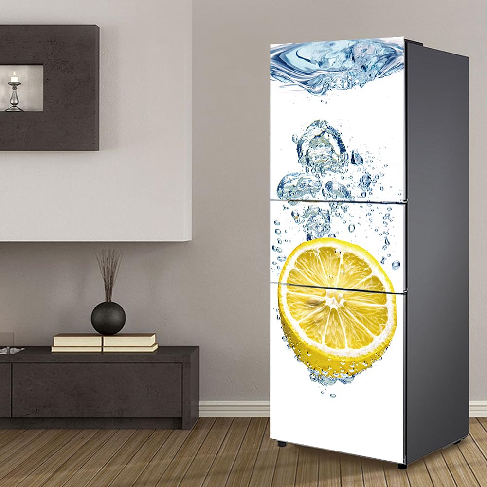 Targawerelax White Fridge Wraps Kitchen Fridge Stickers Cover Full Doors, Fridge Sticker Full Covering Door Fridge Covers Skins Wall Stickers For Kitchen Decal, Summer Lemon In Water