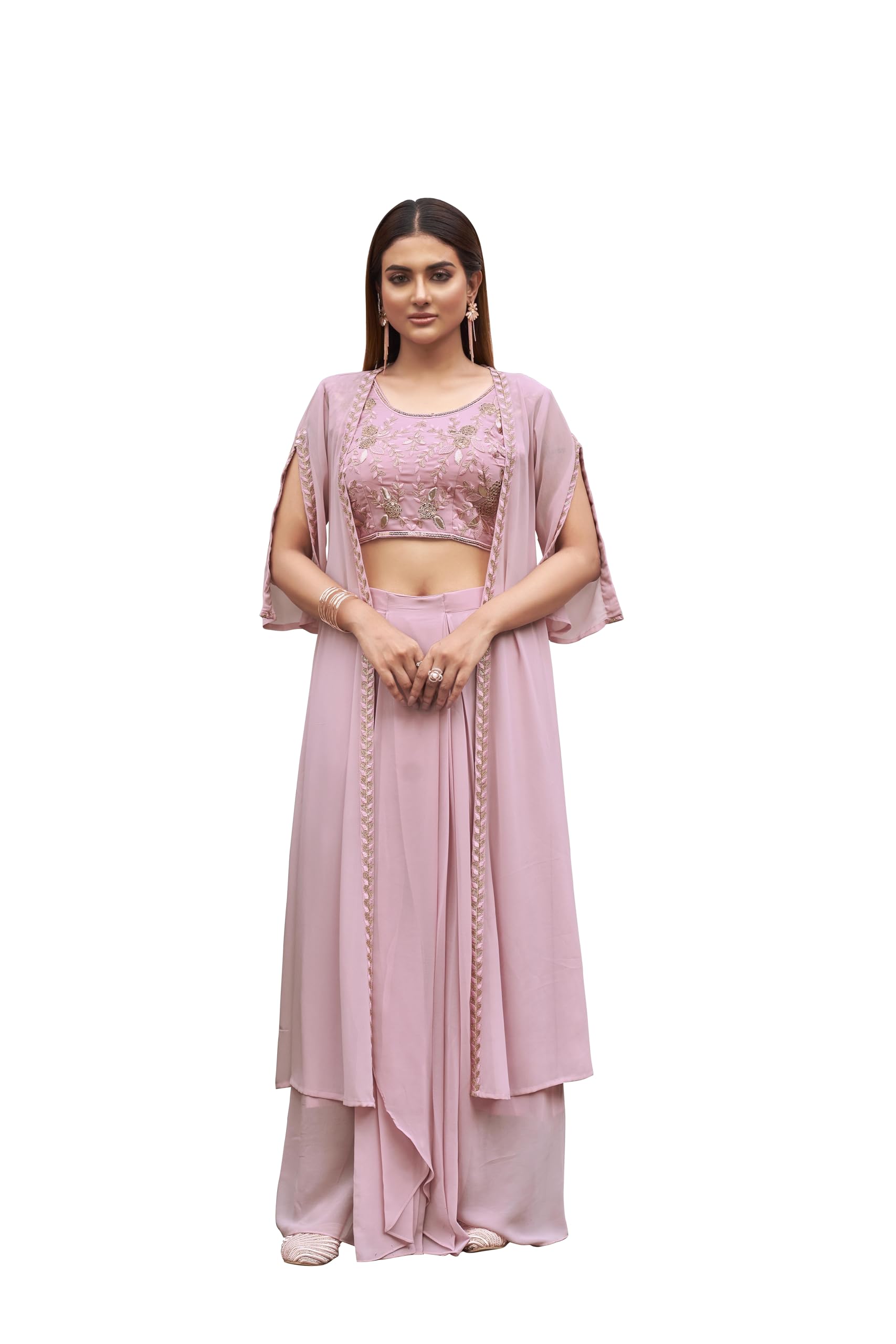 Womanista Women's Georgette Solid Straight Embroidered Kurta Set (Kurtaset_1385_Pink