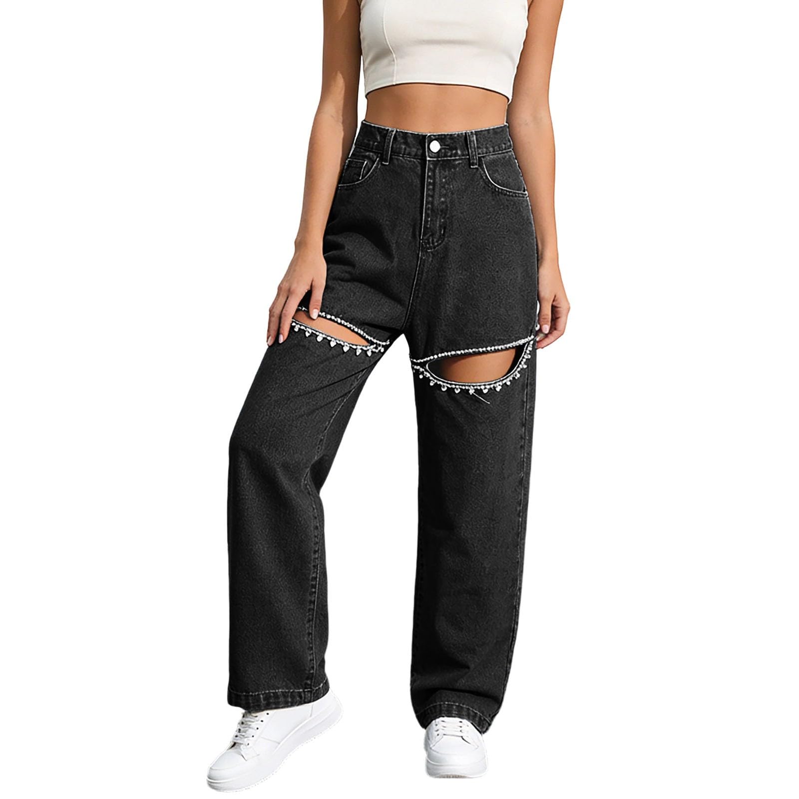 Jeans da donna strappati, a gamba larga, con elastico in vita, pantaloni sportivi lunghi per bambini, adolescenti, ragazze, Y2k, streetwear, jeans, vintage, cargo, con tasche