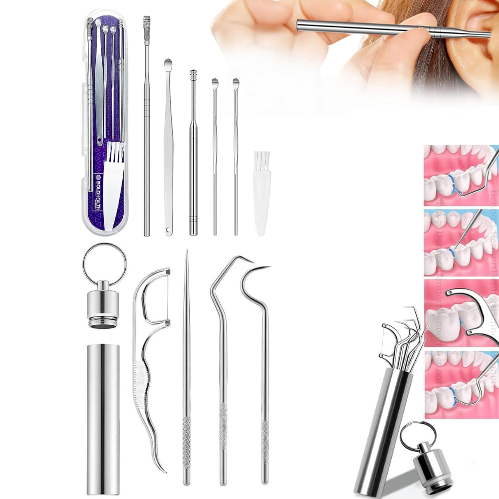 Ear Wax Cleaner 5-in-1 with Teeth Cleaning Tools 7 Pc Stainless Steel Storage Box Buds Spring Curette Flosser Dental Braces Toothpicks Personal Hygiene Cleaning Reusable Portable Kit For Baby and Adults Home Outdoor Travel (Teeth Cleaning)-image-9