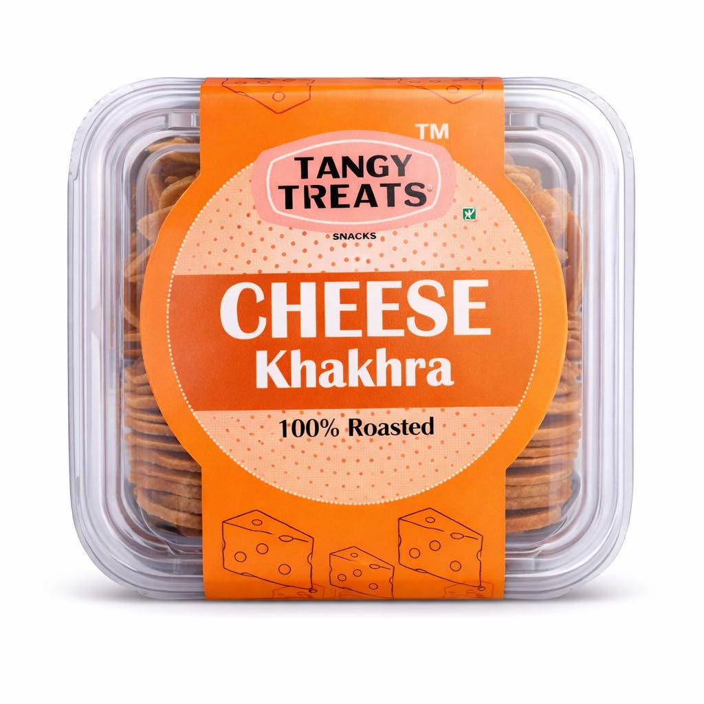 Tangy Treats Cheese Coin Khakhra 200g Each | 75 Pieces (2.5 Inch Each) | 100% Roasted Crunchy Wheat Snack | Cheesy Masala Flavoured Mini Khakhra | Healthy Tea-Time Snack (pack of 1)