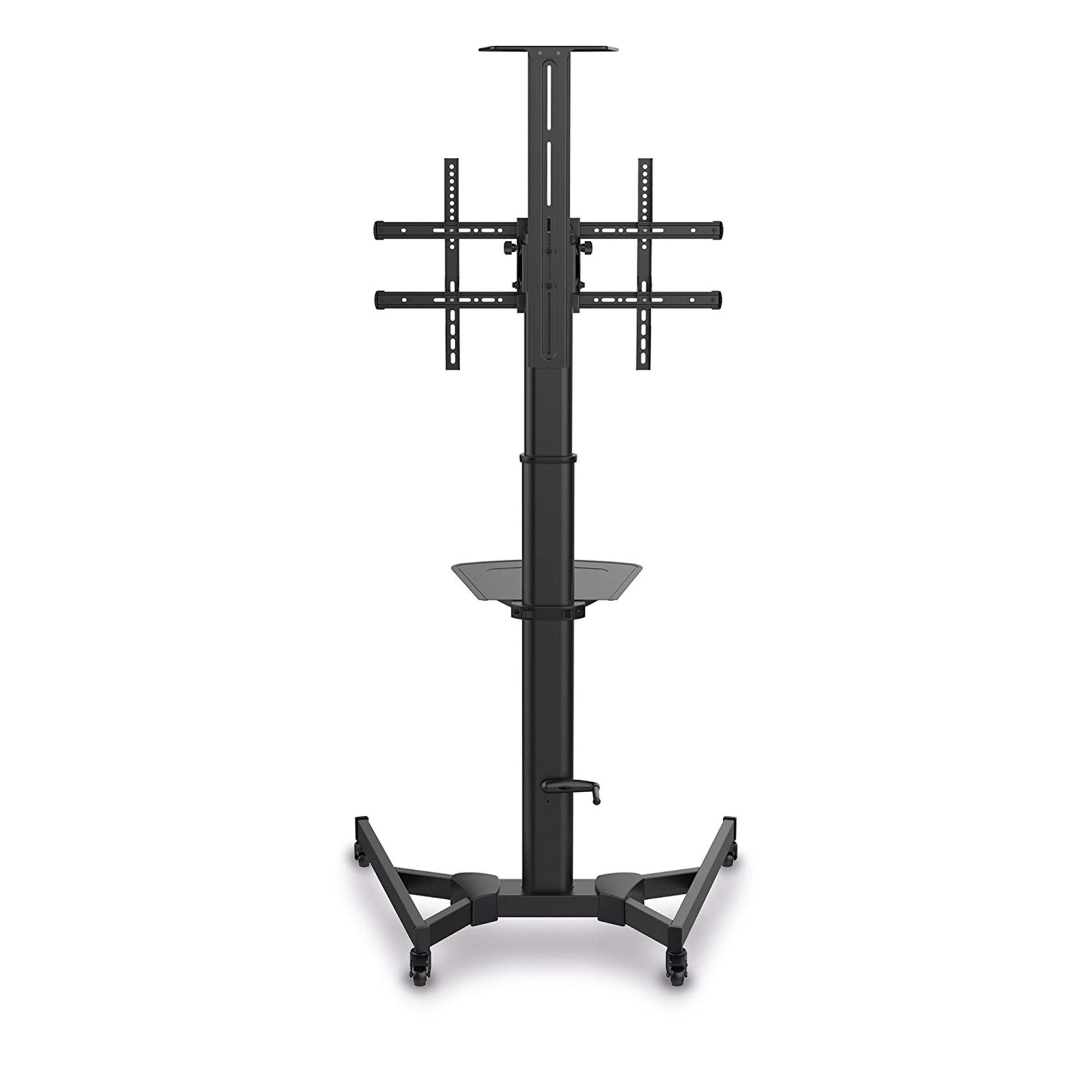 PureMounts TV Standfuß rollbar 37–70 Zoll VESA 600x400 höhenverstellbar | Standfuß mit Kameraablage, Ablageboden, Kabelmanagement, Rollen und neigbarer Halterung für flexible TV-Montage.
