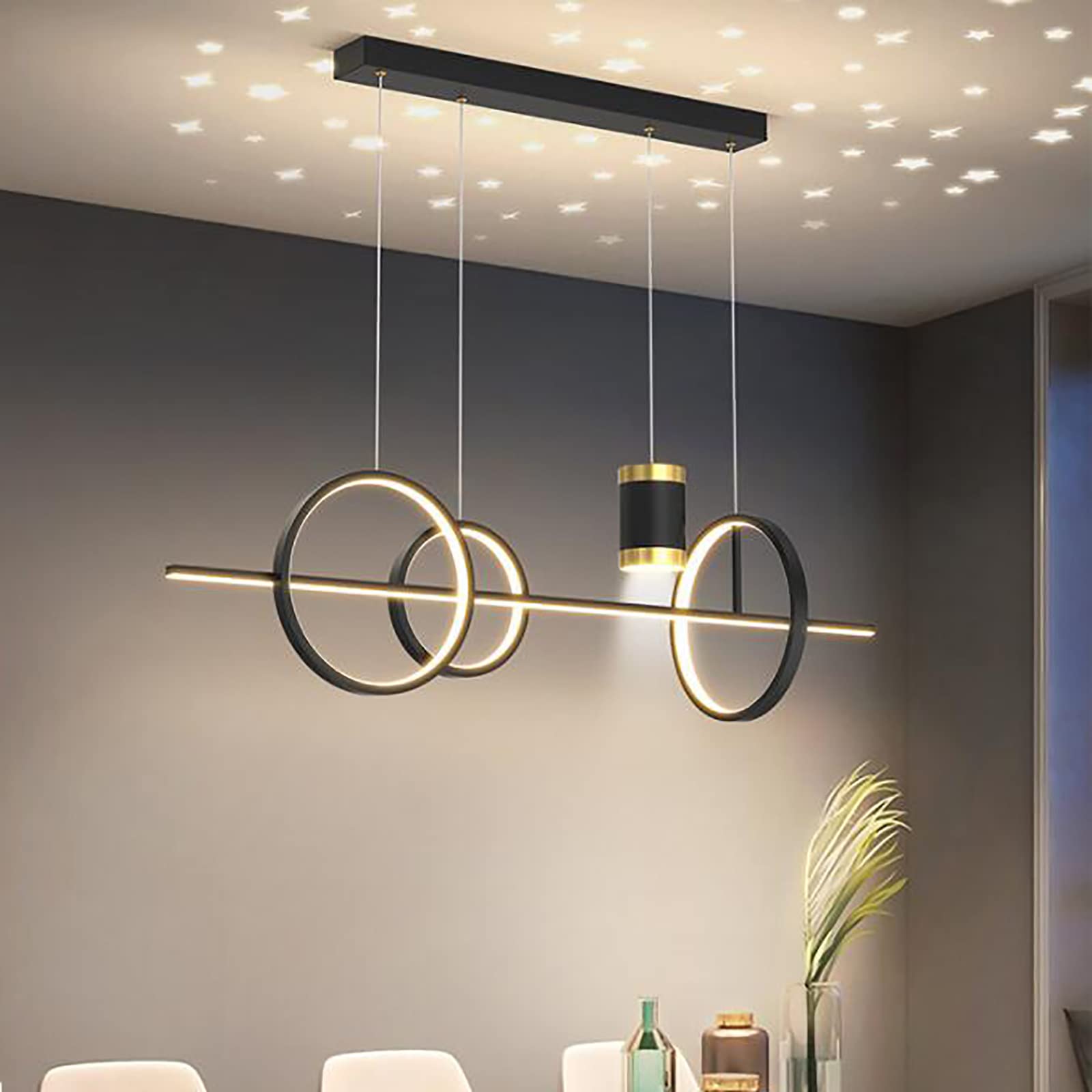 KXEcoLife Modern Dimmable LED Pendant Light with Star Projection and Adjustable Spotlights Black Chandelier for Kitchen Island Linear Hanging 100x120cm