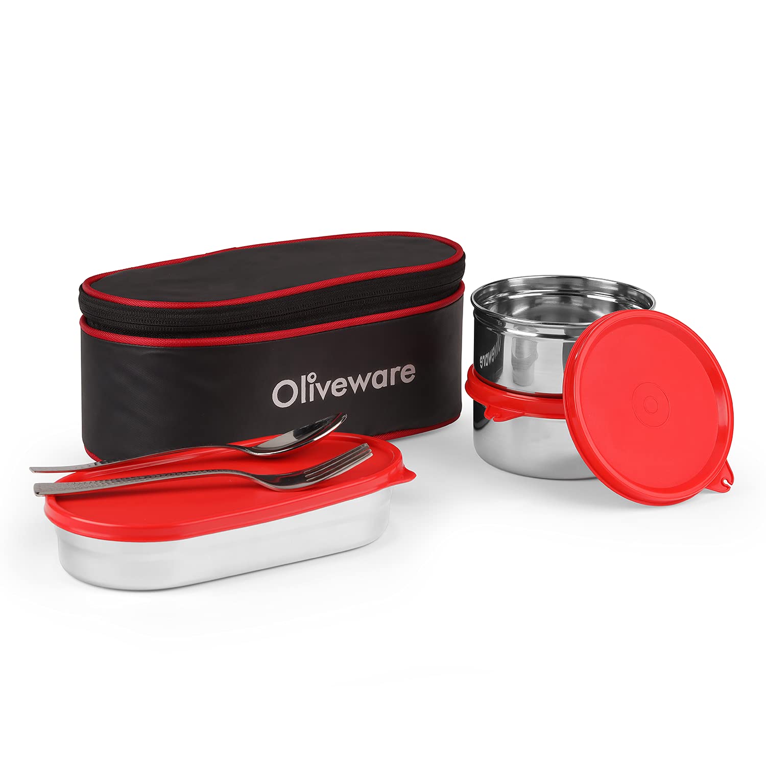 SOPL-OLIVEWARE Sophia Lunch Box, Spoon & Fork, 100% Leak Proof, 3 Stainless Steel Container with BPA Free Lids (550ml, 350ml & 350ml), Fabric Bag - Red (B097BPW1FD) Amazon Price History, Amazon Price Tracker