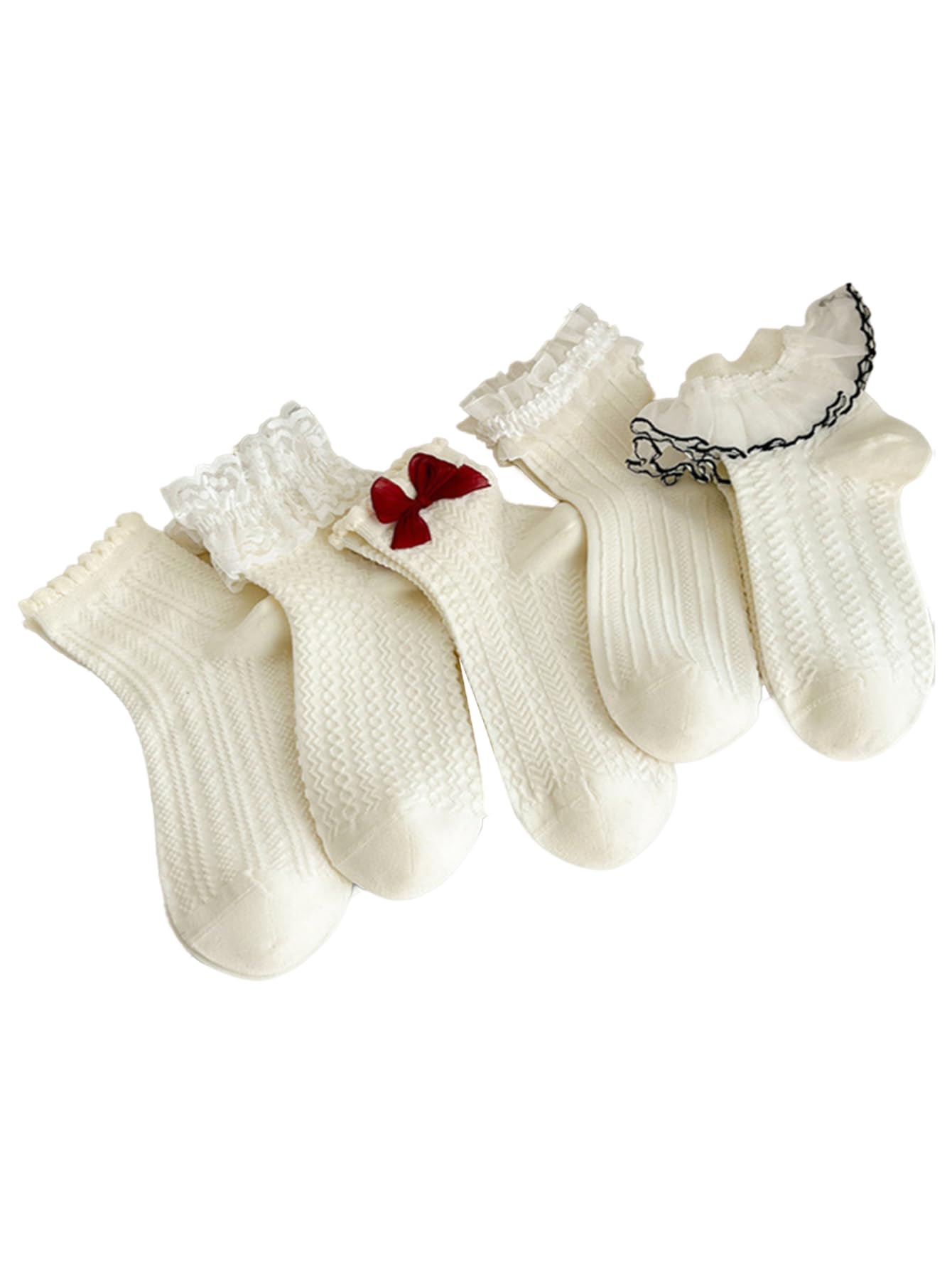 Verdusa Women's 5 Pairs Bow Lace Ruffle Ankle Socks