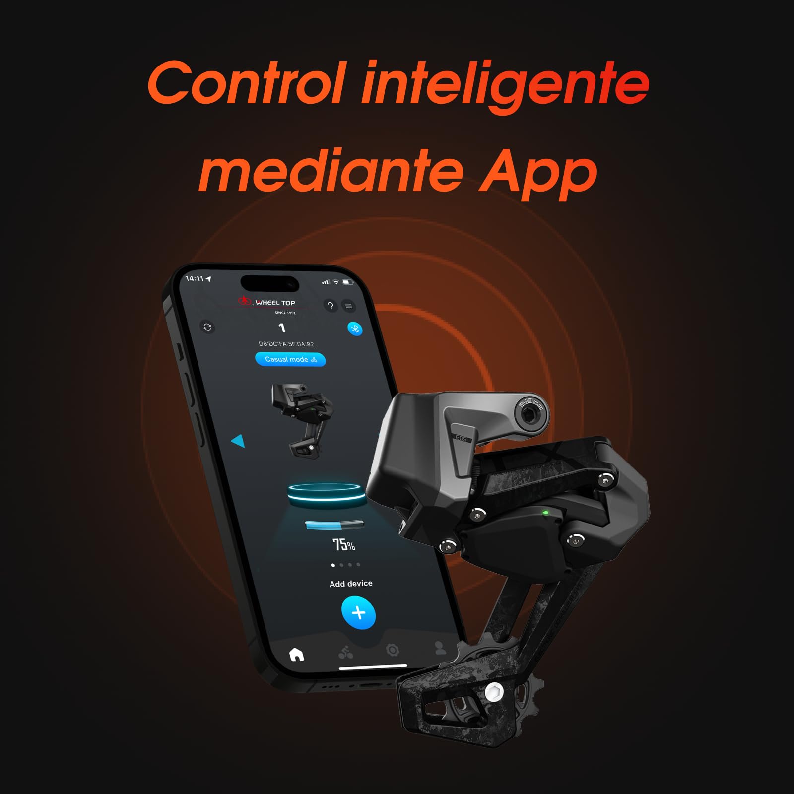 Desviador electrónico inalámbrico de Carbono WHEELTOP EDS TX para Bicicleta de Carretera con 3-14 velocidades Personalizables, IP67 a Prueba de Agua, conexión Bluetooth y Ant+, Freno de Cable