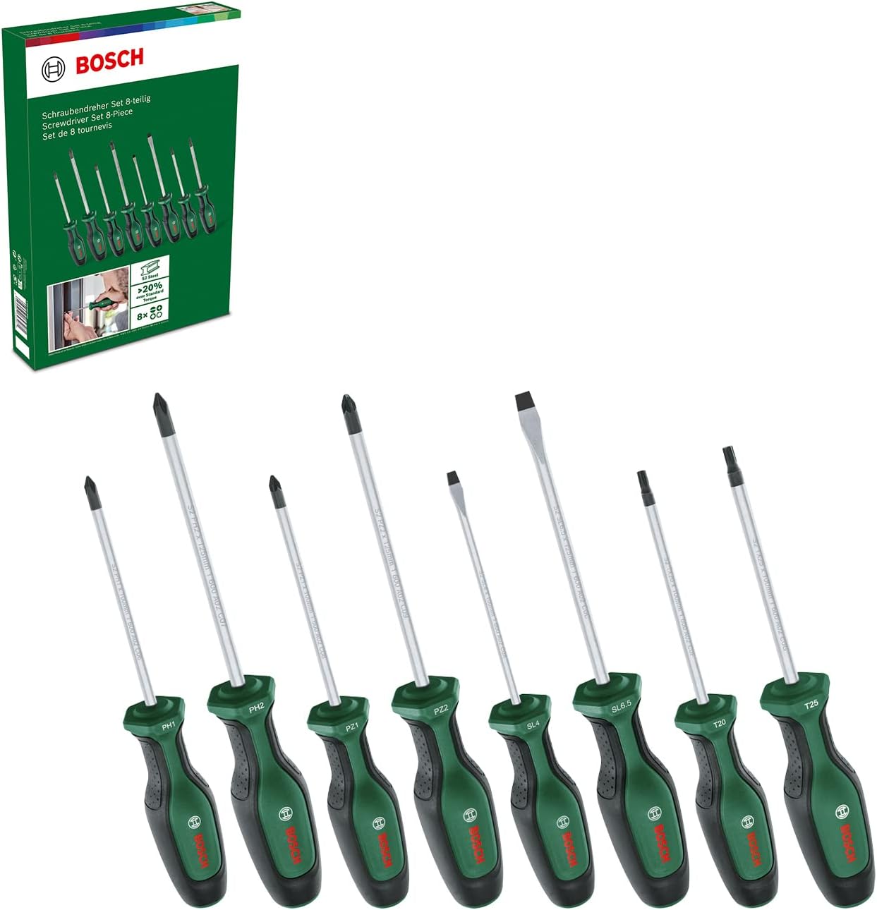 BOSCH 8-Piece Screwdriver Set with Softgrip Handles, Magnetic Tips, and High-Performance S2 Steel in PH, PZ, SL, TX Profiles