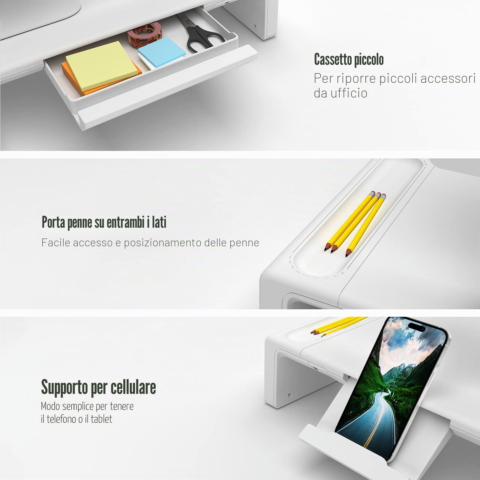 OImaster Supporto per monitor pieghevole, lunghezza regolabile, cassetto portaoggetti e portapenne, compatibile con computer, desktop, laptop, risparmiare spazio (bianco)