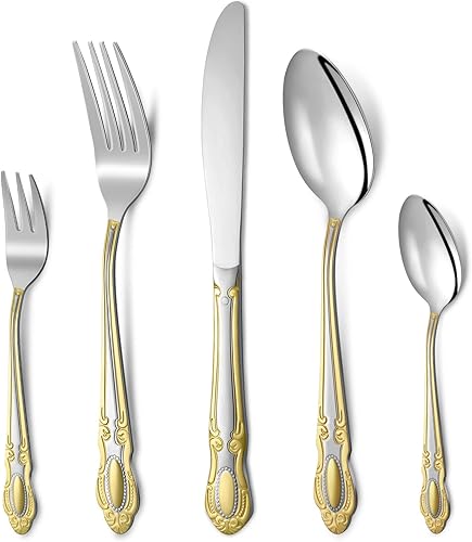 Coume Juego de 40 cubiertos dorados y plateados de acero inoxidable 18/10 para 8 tenedores y cucharas, cubiertos dorados y plateados para bodas,