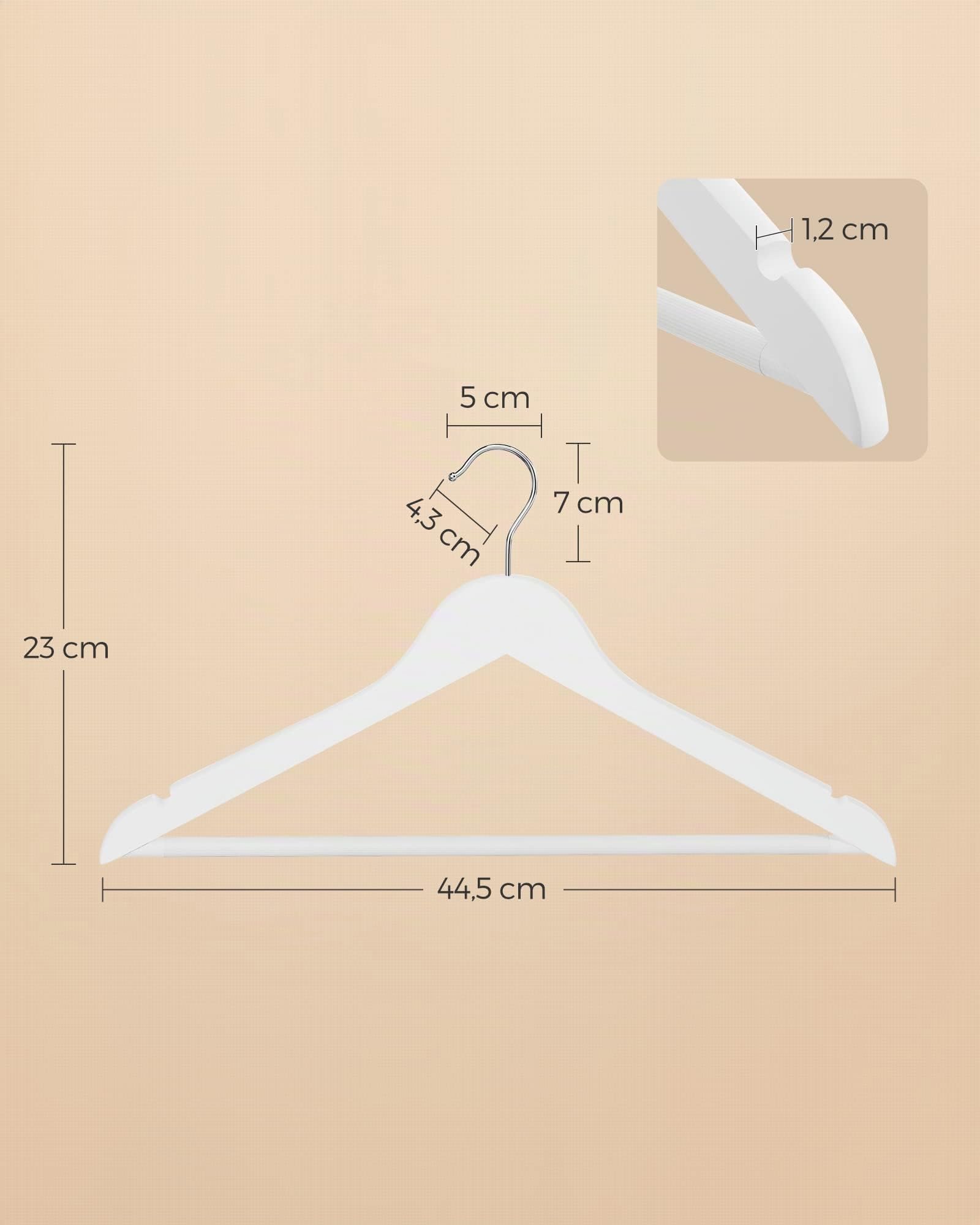 SONGMICS Grucce Legno, 20 Pezzi, Appendiabiti con Scanalature su Spalle, Barra Portapantaloni Antiscivolo e Gancio Girevole a 360°, per Completi Camicie Cappotti, Bianco e Argento CRW03W-20