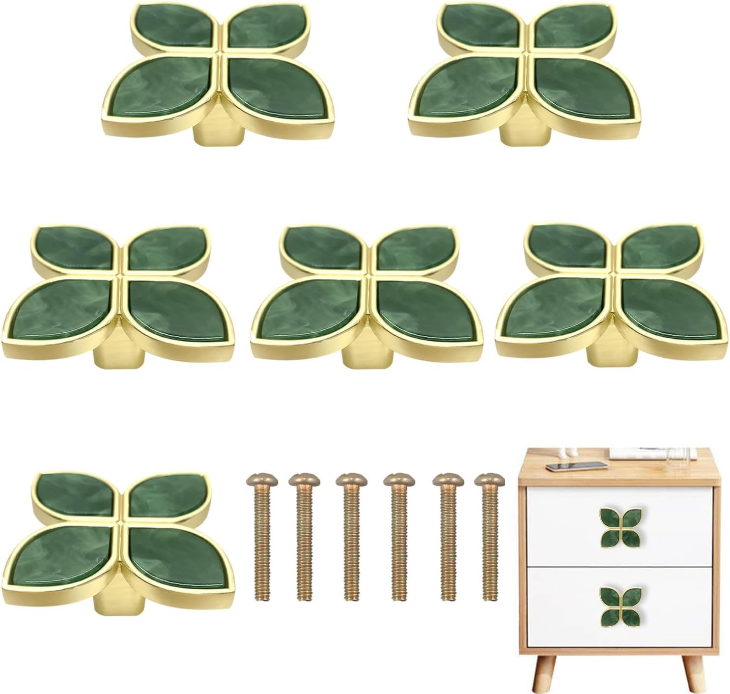 NALACAL Knobs Four-Leaf Clover Brass Pulls Handles, Gold Knobs Dresser Knobs Clover Cabinet Handles with Screws for Dresser Drawers Kitchen Cabinet (Green, 6 pcs)