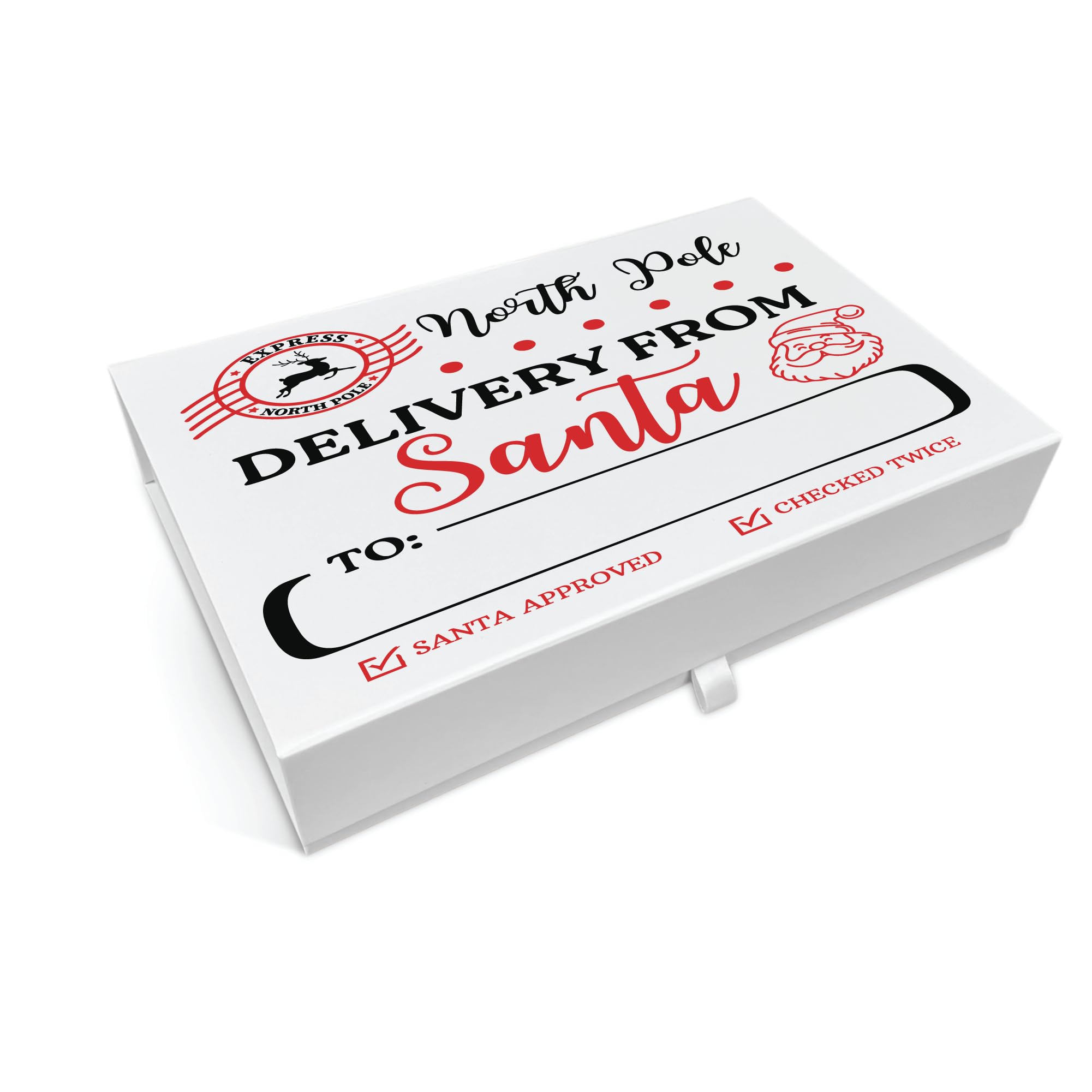 COOKIES AND KOALAS Personalised Christmas Box – Large 22×34×7 cm – Festive White Box with Santa Delivery Design – Luxury Xmas Boxes for Gifts, Hampers & Keepsakes