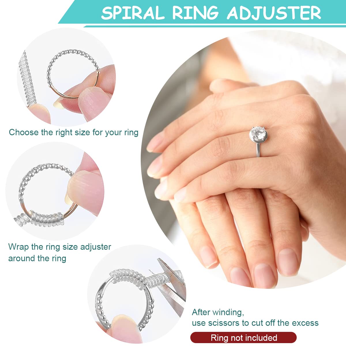 Venzina® Ring Size Adjuster for Loose Rings, Spiral Ring Adjuster Invisible Ring Resizer, Reducer Guard to Make Rings Smaller, Self Adhesive Ring Clips Tightener for Men Woman Rings, Clear