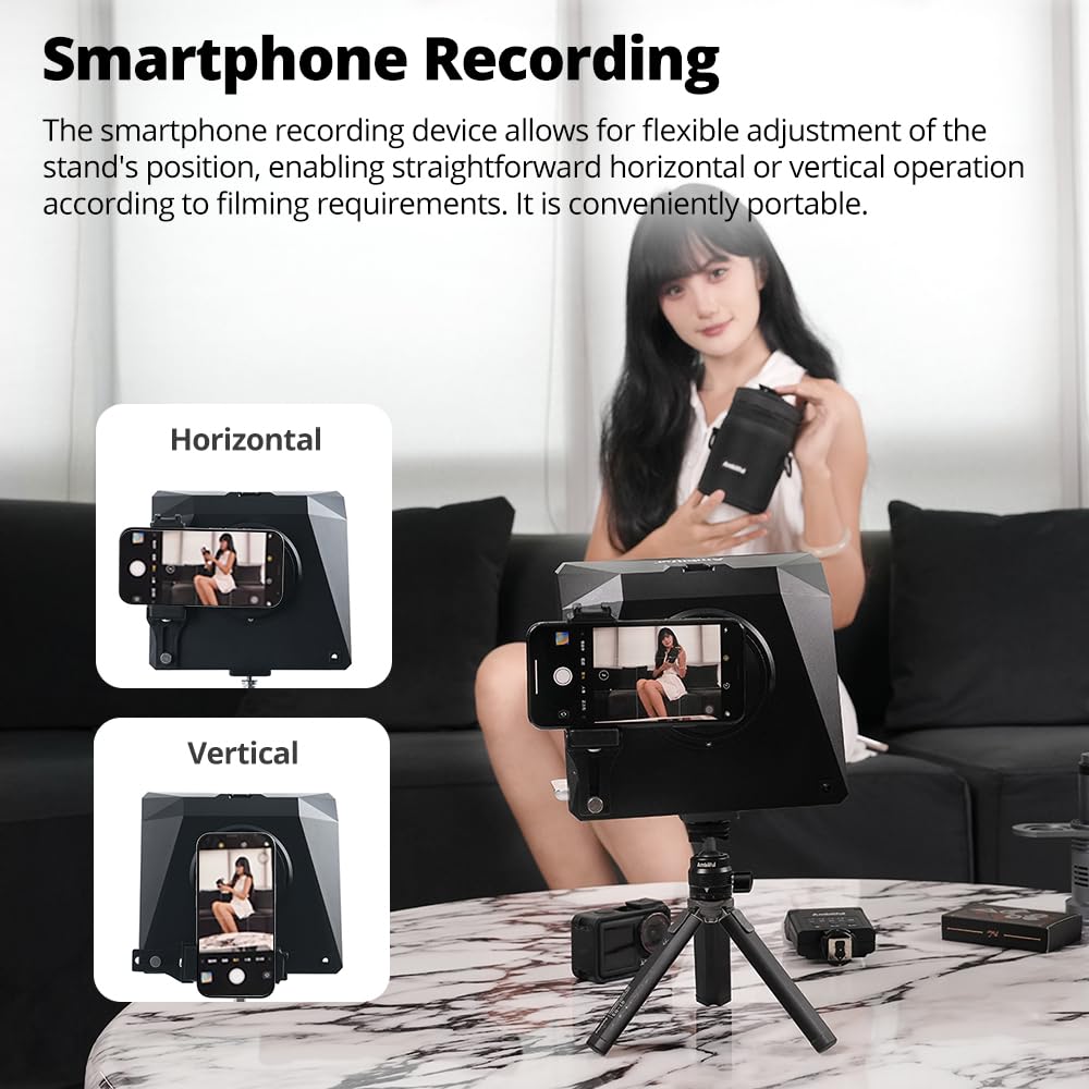 Ambitful T1 Pro Teleprompter per telefono con treppiede desktop, kit di teleprompter portatile con telecomando, supporta smartphone/DSLR/mini tablet (sotto i 8,3 pollici), per YouTube, Tiktok