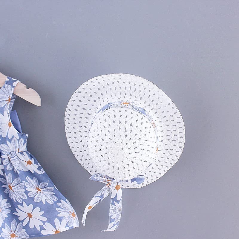 Summer Girls' Floral Sleeveless Dress with Bow and Sun Hat, Blue4