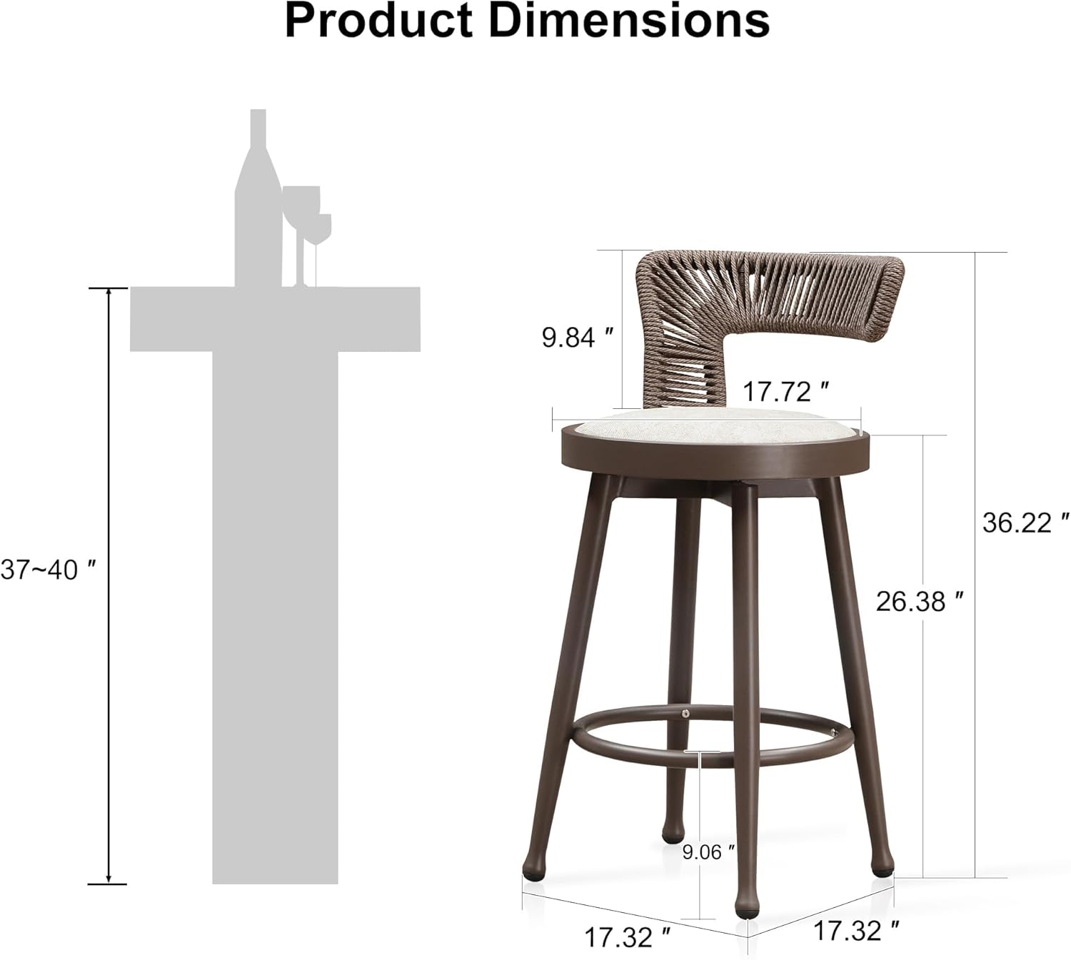 PURPLE LEAF Outdoor Swivel Counter Height Stools Set of 4 Metal Modern Rattan Bar Chairs with Backrest Aluminum Woven Barstools with Cushions for Kitchen Balcony Garden Indoor Brown