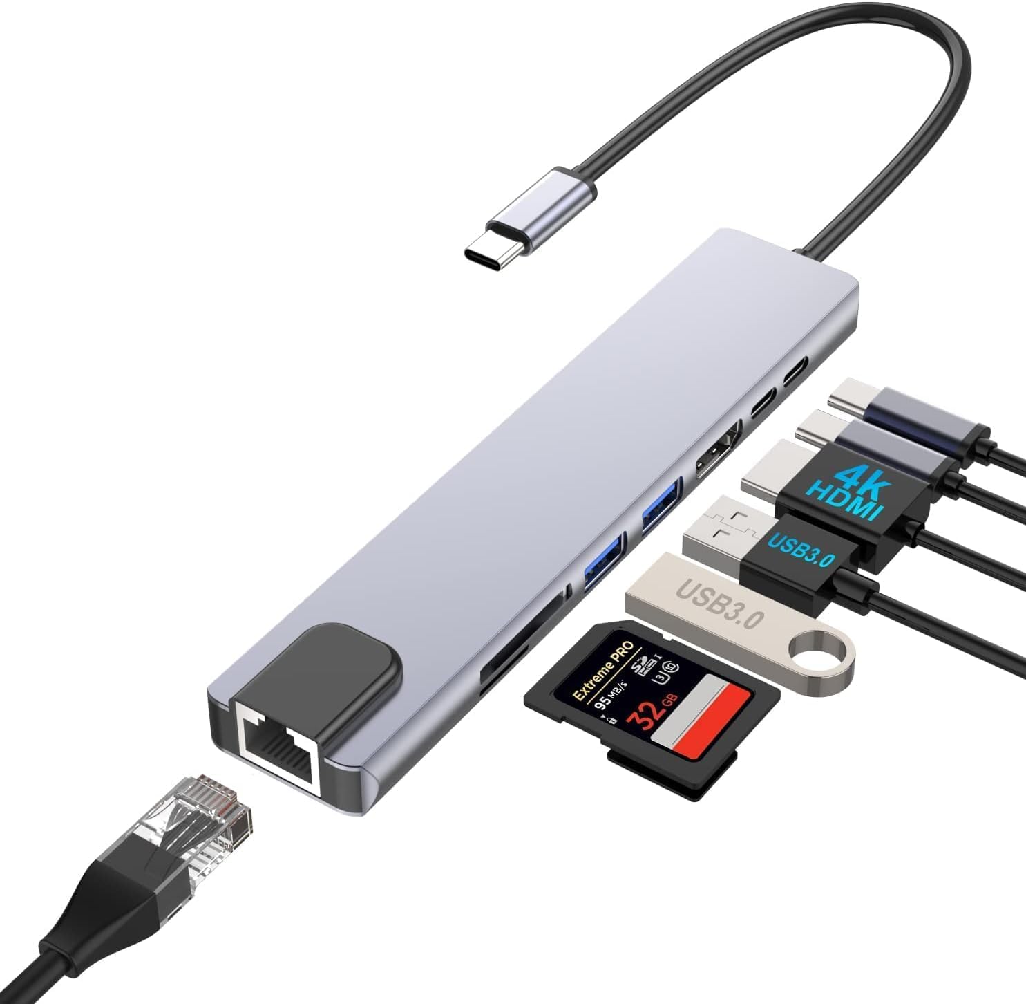 8-in-1 USB C Hub Docking Station Type C Multiport Adapter HDMI 4K@60Hz,PD Ethernet 2 USB's & 3 Ports, SD,TF Card Reader dock station Laptop For MacBook, iPad Pro/Air, iPhone 16Pro/Pro Max, HP, Dell,