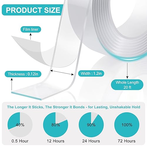 Miniatura 2 de P7yaumy Cinta de doble cara resistente de 1.2 pulgadas x 20 pies, nano cinta de doble cara, cinta adhesiva extraíble de dos caras sin rastros, cinta