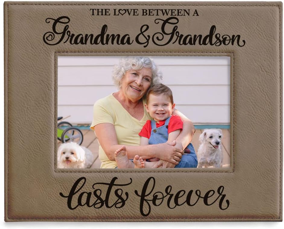 KATE POSH The Love between a Grandma and Grandson Lasts Forever Engraved Tan Leather Picture Frame, Gifts for Grandmother, Grammy, Grammie, Nana, Mimi from Grandson. (5x7 Horizontal)