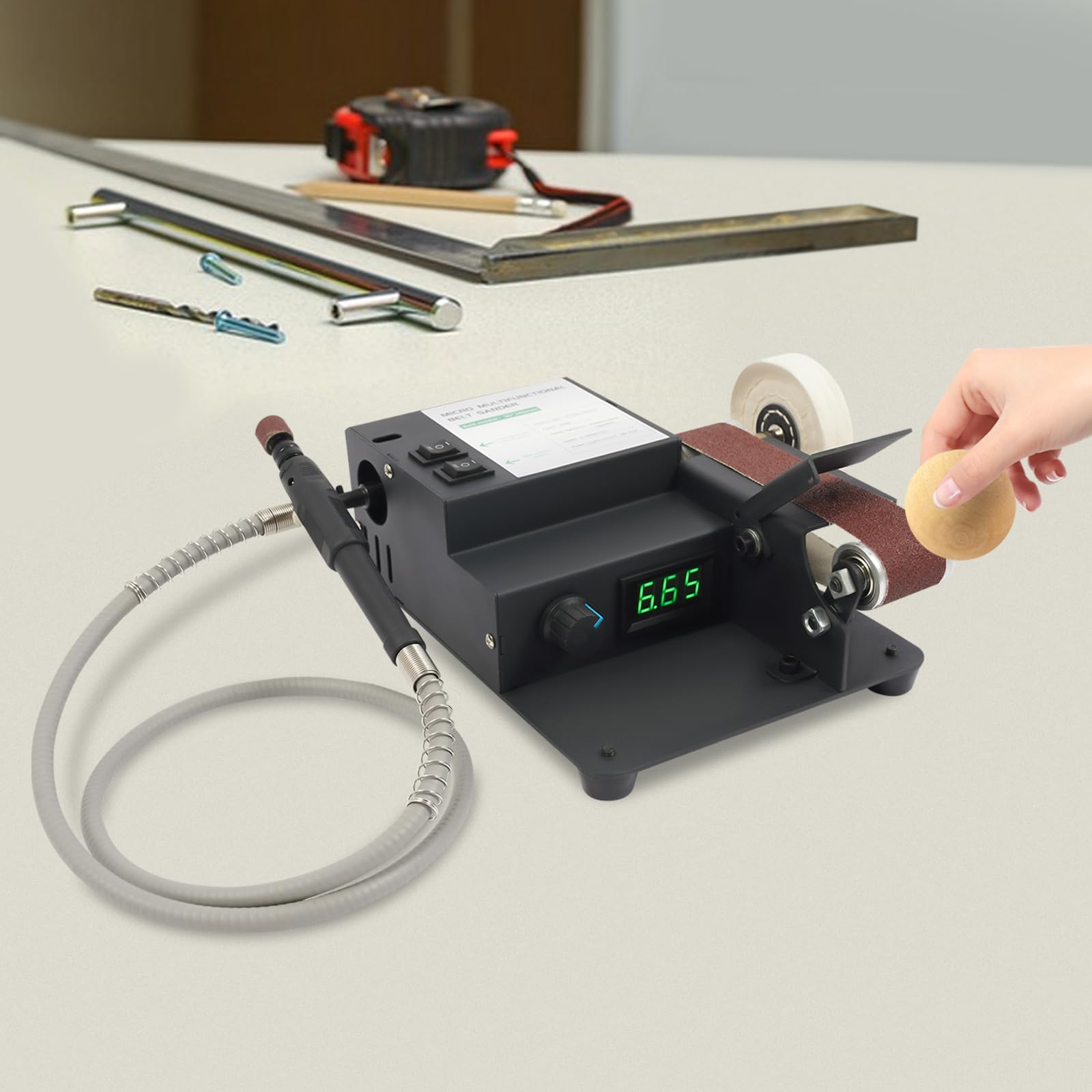Lijadora de banda de 350 W, con 10 bandas de lijado y adaptador de red, velocidad 0-10.000 rpm, para bandas de lijado de 30 x 340 mm