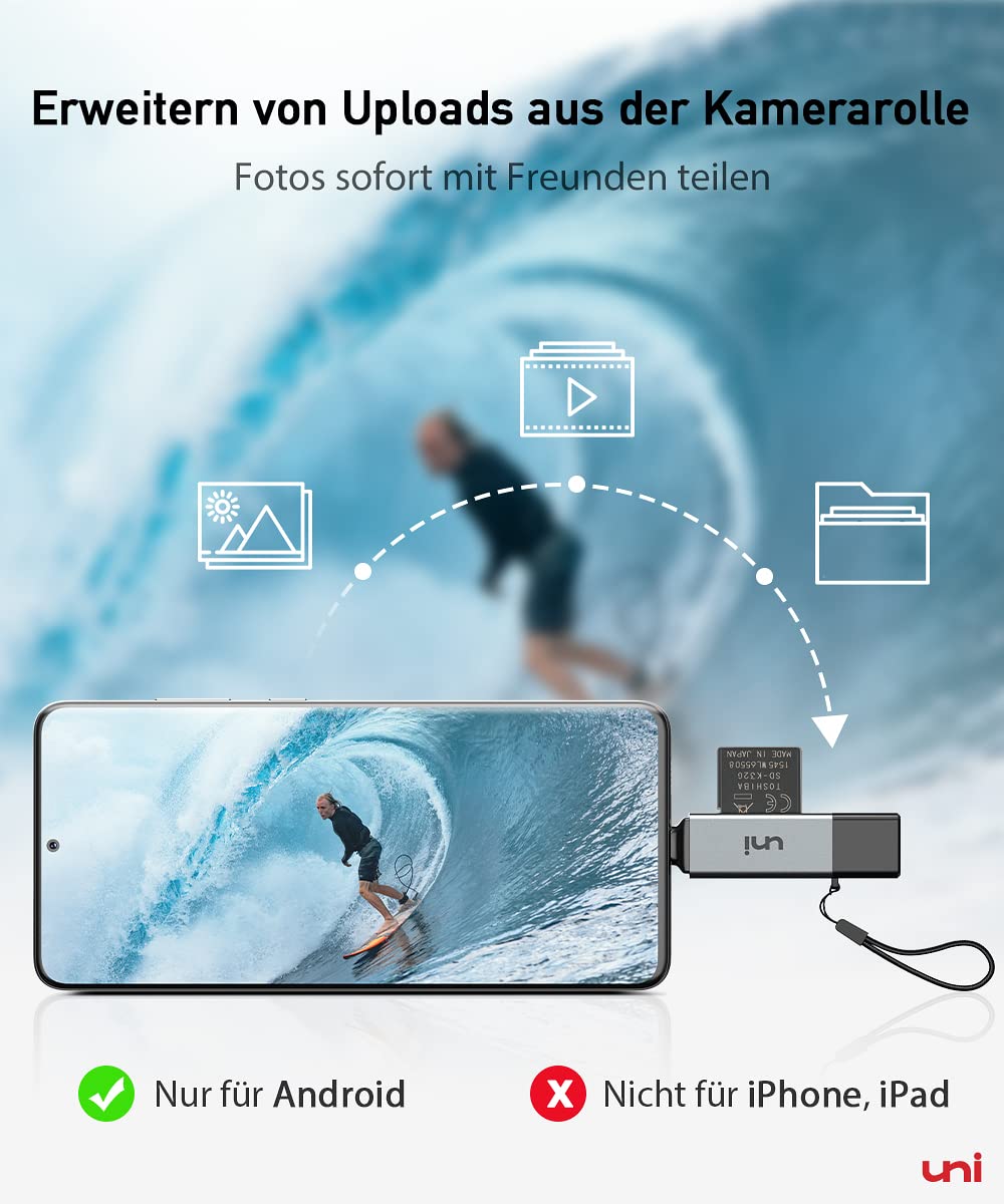 uni SD Kartenleser, Dual USB 3.0 USB C Stecker Kartenlesegerät, Aluminium OTG Adapter SD Card Reader Speicherkartenleser für SD/Micro SD/TF/SDHC/SDXC, iPhone 15-16/Android/Windows/macOS usw.