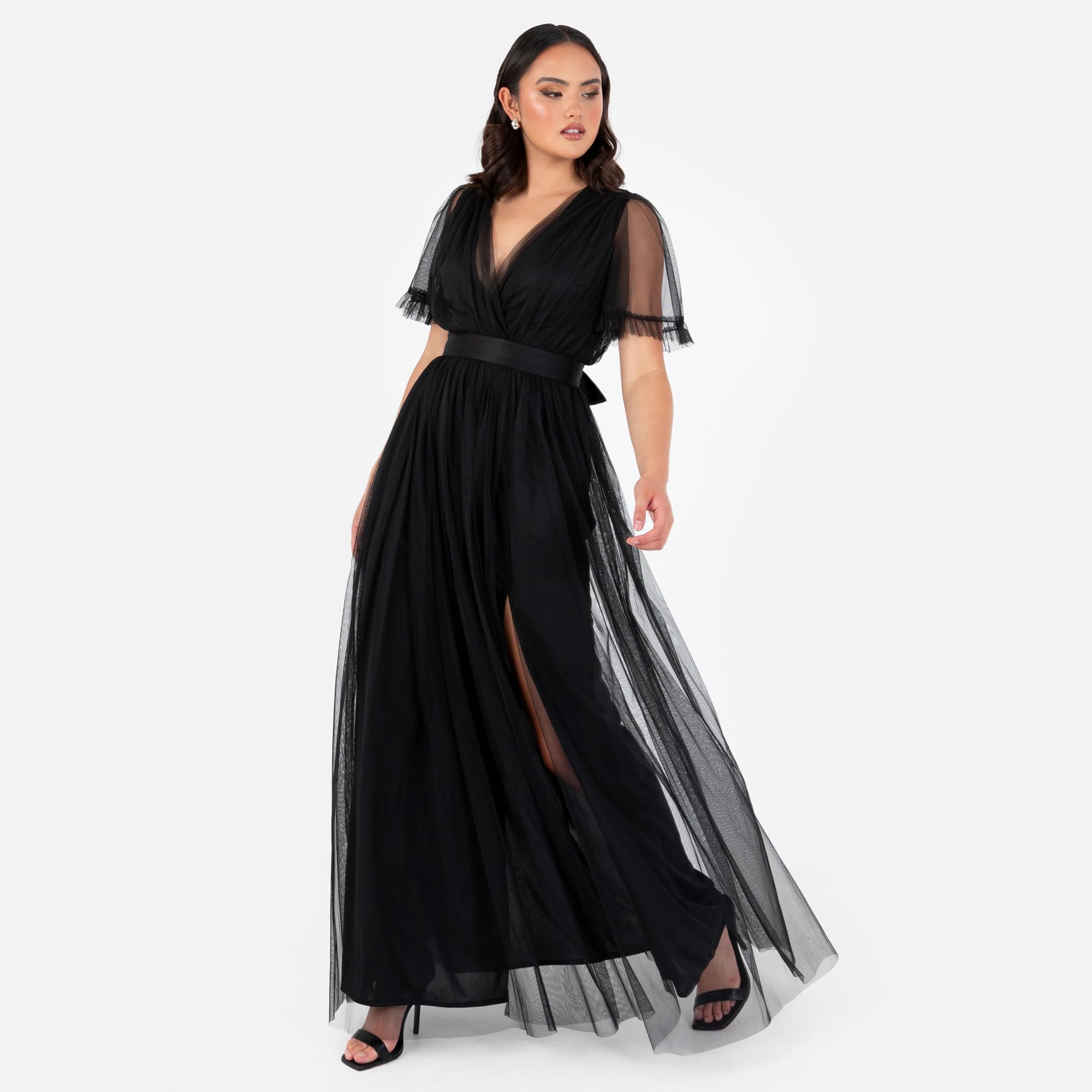 Anaya with Love Damen Ladies Maxi Dress for Women V Neckline Short Sleeve Frilly Long Empire Waist for Wedding Guest Bridesmaid Maid of Honour Kleid
