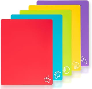 CADONO 5-Pack Flexible BPA-Free Cutting Boards with Food Icons - Non-Slip Kitchen Mats for Meat, Veggies, Fruits (Multicolor)