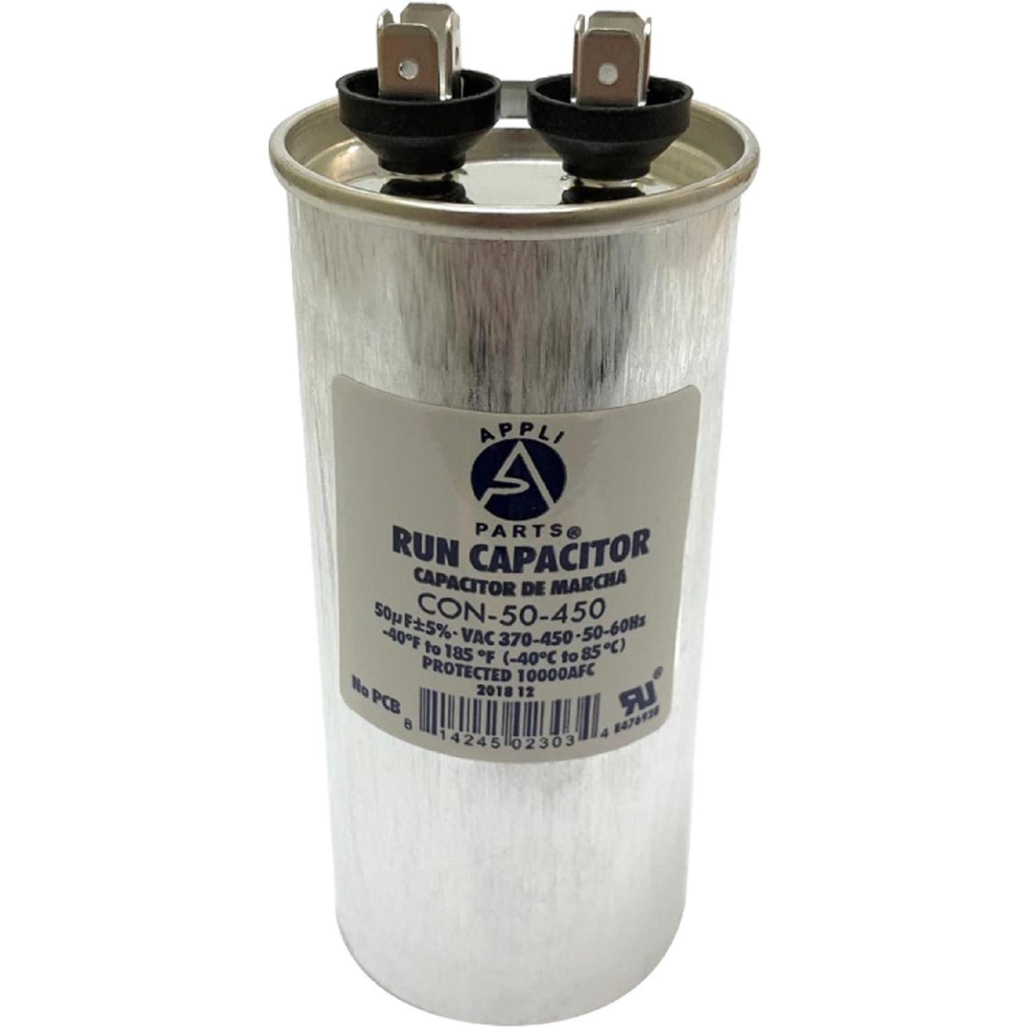 AP APPLI PARTS Run Capacitor for ac 50 Mfd uF (microfarads) 370 VAC or 450 VAC CBB65 Round Universal fit for hvac and other applications 4-3/4 in High 2 in Wide CON-50-450